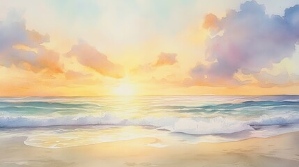 Wall Mural - Watercolor painting of a beach sunset.