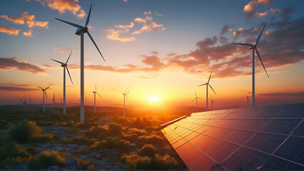 Modern Wind turbines and solar panels sunset light. Concept eco green renewable energy