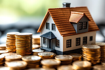 A house is surrounded by a pile of gold coins