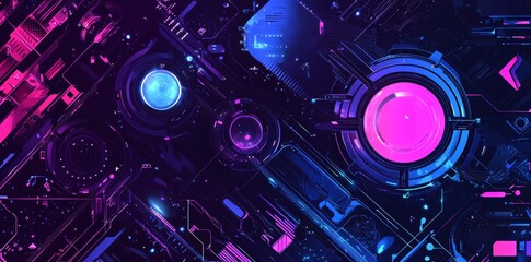 Wall Mural - The modern illustration shows an abstract future-tech digital hi-tech space with a grid line and circuits on dark purple and blue tech backgrounds. These concepts show the use of digital technology.