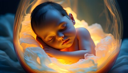 Wall Mural - Nurturing warmth and innocence in a glowing womb with an infant nestled in a translucent sphere of comfort and calmness