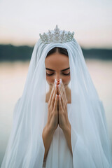 Wall Mural - A woman wearing a white veil and a crown of flowers