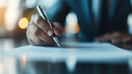 Detailed close-up shot of a hand signing a formal document in a business setting, emphasizing professionalism, precision, and the importance of the act of signing.