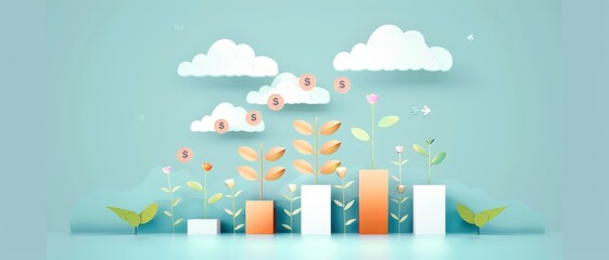 Wall Mural - A colorful infographic depicting growth bars with leaves and clouds, representing progress, analytics, and environmental themes.