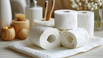 Wall Mural - Soft Focus on White Toilet Paper Rolls Emphasizing Hygiene and Essential Bathroom Supplies