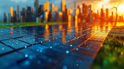 Wall Mural - Bright sunlight reflecting off solar panels in a field, emphasizing renewable energy, sustainability, and clean power innovation