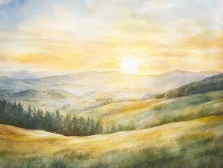 Wall Mural - A watercolor painting of a sunset over rolling hills.