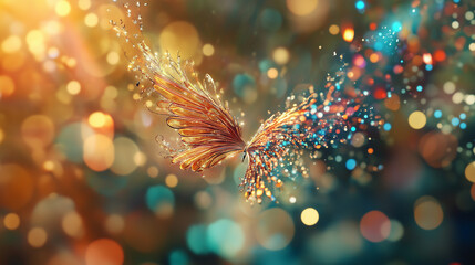 Wall Mural - abstract butterfly wings with golden sparkles, festive bokeh background