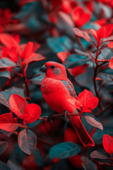 A striking red bird is perched on a branch surrounded by lush, colorful foliage. The vivid colors of the leaves create a captivating backdrop for this elegant creature in its natural environment.