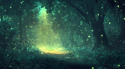 Poster - A greenish glowing fantasy forest at night, generative ai. Mystical. Illustration