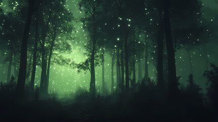 Poster - A greenish glowing fantasy forest at night, generative ai. Mystical. Illustration