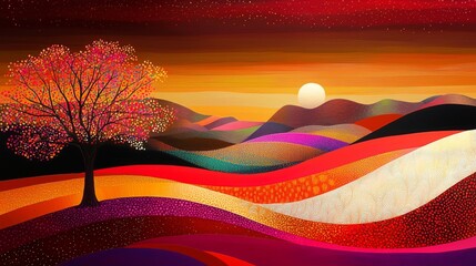 Wall Mural - A whimsical autumn landscape illustration with bold shapes. 