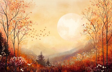 Wall Mural - A whimsical autumn landscape illustration with bold shapes. 