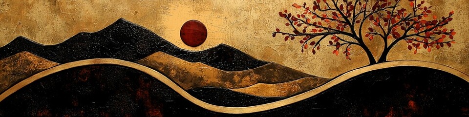Wall Mural - A whimsical autumn landscape illustration with bold shapes. 