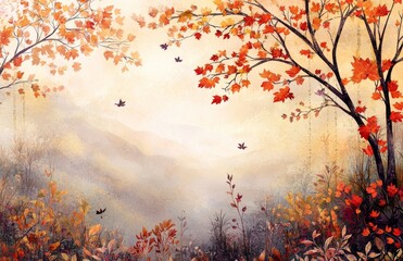 Wall Mural - A whimsical autumn landscape illustration with bold shapes. 