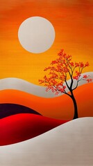 Wall Mural - A whimsical autumn landscape illustration with bold shapes. 