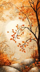 Wall Mural - A whimsical autumn landscape illustration with bold shapes. 