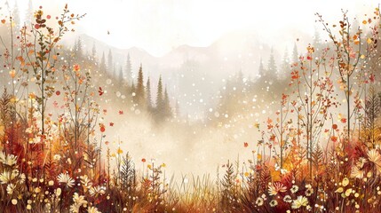 Wall Mural - A whimsical autumn landscape illustration with bold shapes. 
