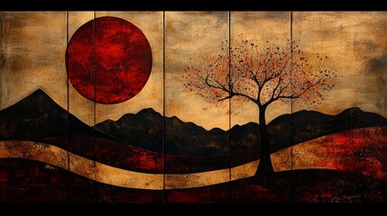 Wall Mural - A whimsical autumn landscape illustration with bold shapes. 