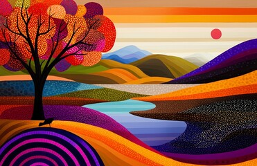 Wall Mural - A whimsical autumn landscape illustration with bold shapes. 