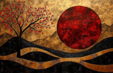 Wall Mural - A whimsical autumn landscape illustration with bold shapes. 