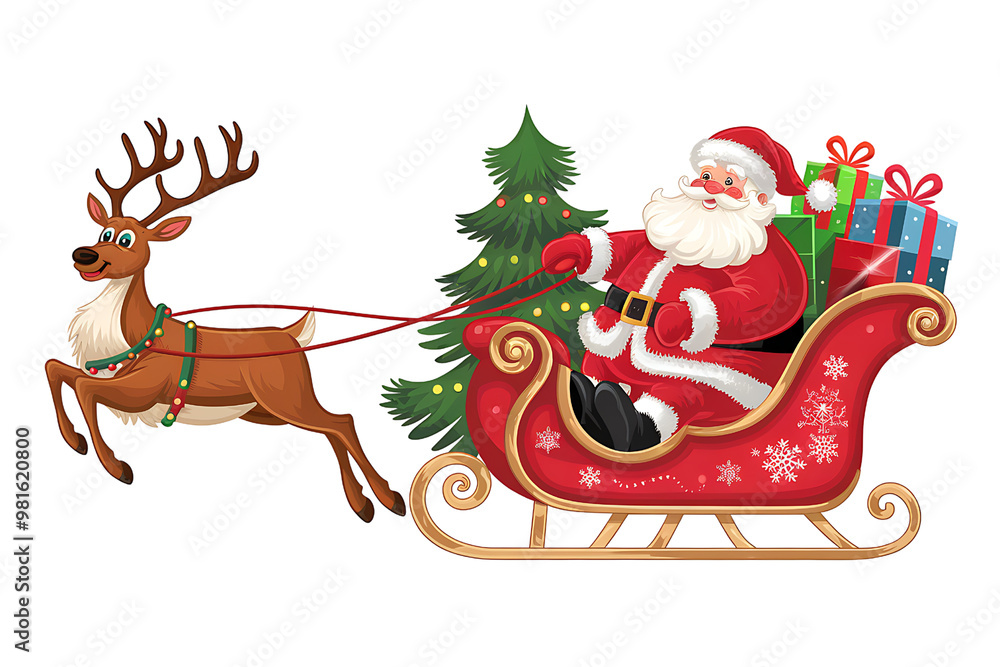 Santa Claus is depicted riding in a sleigh pulled by a reindeer on ...