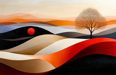 Wall Mural - A whimsical autumn landscape illustration with bold shapes. 
