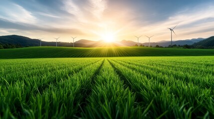 Wall Mural - Eco-friendly farm with wind turbines, solar-powered irrigation, and sustainable agriculture emphasizing green farming methods