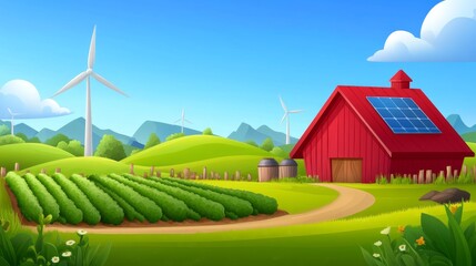 Wall Mural - Eco-friendly farm with wind turbines, solar-powered irrigation, and sustainable agriculture emphasizing green farming methods