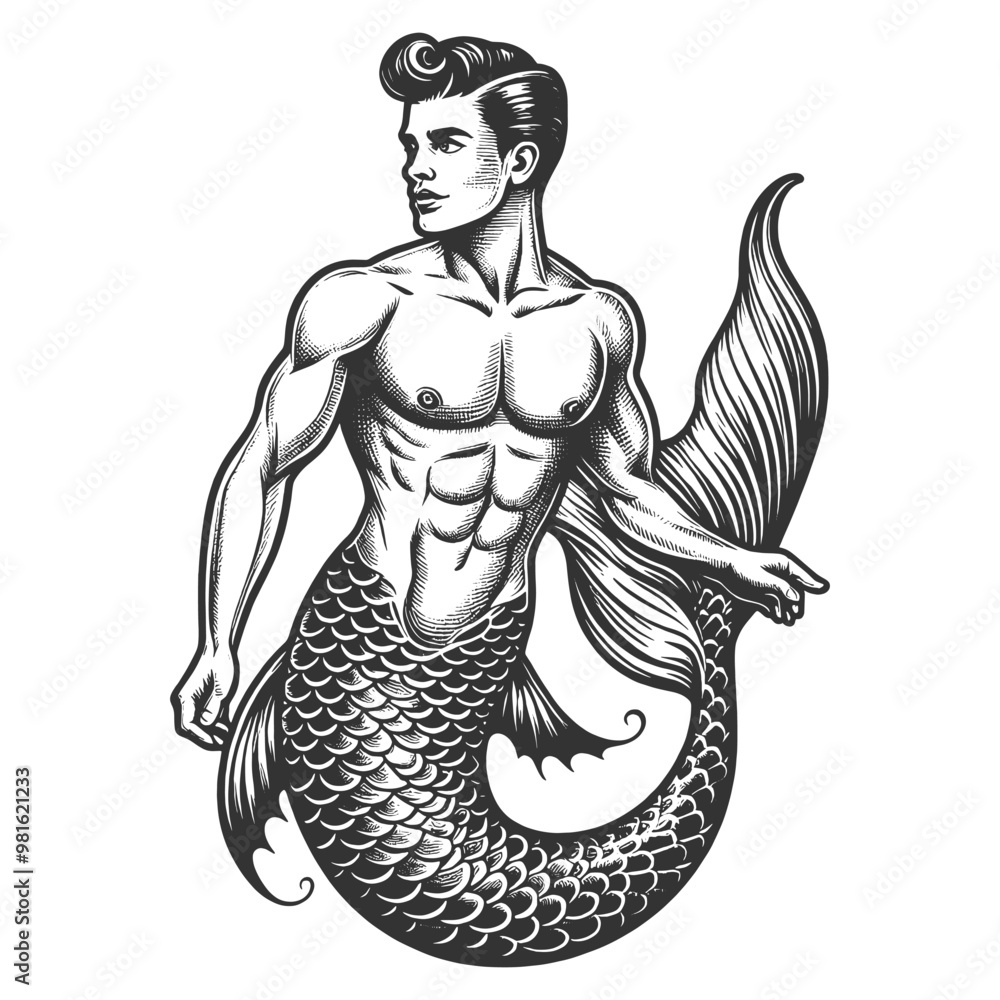Muscle Mermen muscular merman with a vintage style, featuring strong physique and ...