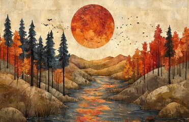 Wall Mural - A whimsical autumn landscape illustration with bold shapes. 