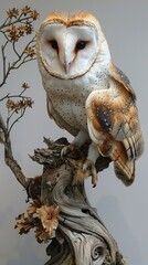 Wall Mural - Barn Owl Perched on a Branch: Close-up Portrait of a Majestic Bird