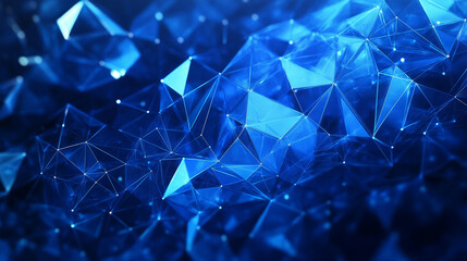 Abstract background with triangle cells and neon light for design. Bright blue digital illustration with polygons on a black background.