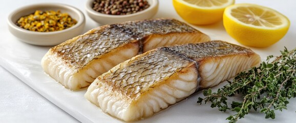 Fresh fish fillets with spices and lemon, ready for cooking or presentation.