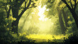 © Thiago - A serene forest with sunlight filtering through the trees, gentle mist, and lush greenery, illustration background. Serene. Illustration