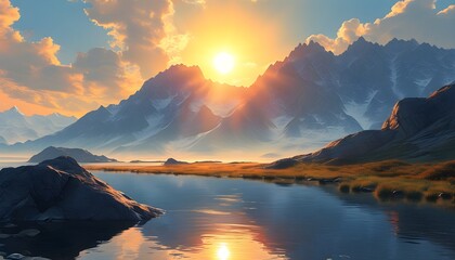 Wall Mural - Tranquil mountain landscape at sunrise, embodying peace and calmness in a serene guided imagery concept