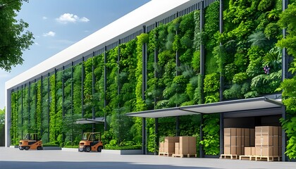 Wall Mural - Eco-friendly warehouse showcasing a vertical green garden wall, highlighting sustainable logistics and innovative storage solutions