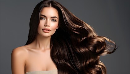 Wall Mural - Elegant model showcasing radiant, healthy hair, embodying beauty and wellness, with generous copy space for editorial purposes on hair care and self-care topics