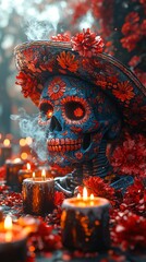 Poster - A skull decorated with face paint and wearing a hat next to candles and flowers for Day of the Dead. 