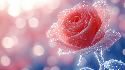 A bright rose with pink petals is the main focus of the image. The rose is surrounded by a blue background, which gives the scene a sense of calm and serenity