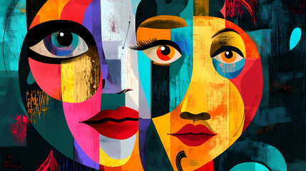 Wall Mural - Abstract faces collage with expressionism and cubism style as background, wallpaper, or art print. generative ai. Expressionism. Illustration