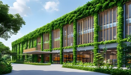 Wall Mural - Eco-friendly warehouse showcasing a vertical green garden wall, highlighting sustainable logistics and innovative storage solutions