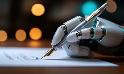 Robotic Hand Holding a Pen Writing on White Paper: Symbolizing Digitization and AI Artificial Intelligence