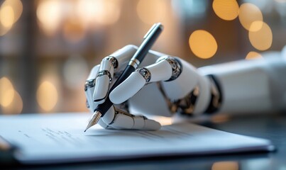 Robotic Hand Holding a Pen Writing on White Paper: Symbolizing Digitization and AI Artificial Intelligence