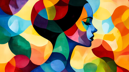Wall Mural - Beauty, art concept. abstract gouache colorful painting of woman silhouette. colorful minimalist shapes and lines in cubism style. generative ai. Cubism. Illustration