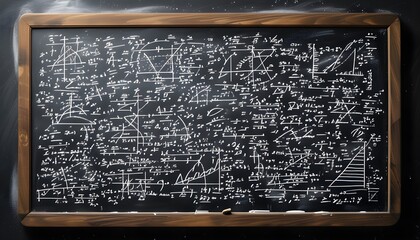 Wall Mural - Complex mathematical equations and diagrams on a dusty black chalkboard, symbolizing the essence of education and academic research in mathematics