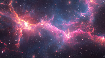 Wall Mural - An intricate network of glowing tendrils stretches across the cosmic expanse in this closeup of a grand nebula pulsating with energetic bursts of pink and purple light. . Energetic. Illustration