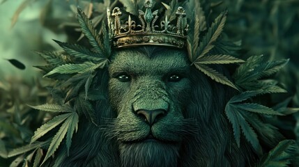 A lion is wearing a crown and surrounded by green leaves