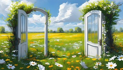 Canvas Print - Wide-open white doors in a vibrant spring flower field symbolize new beginnings and endless possibilities.