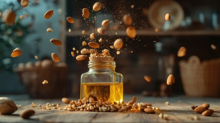 Wall Mural - Glass container with olive oil with nuts falling on it. Focus on healthy and balanced nutrition. Concept of health and nutrition awareness in diabetes prevention. AI.